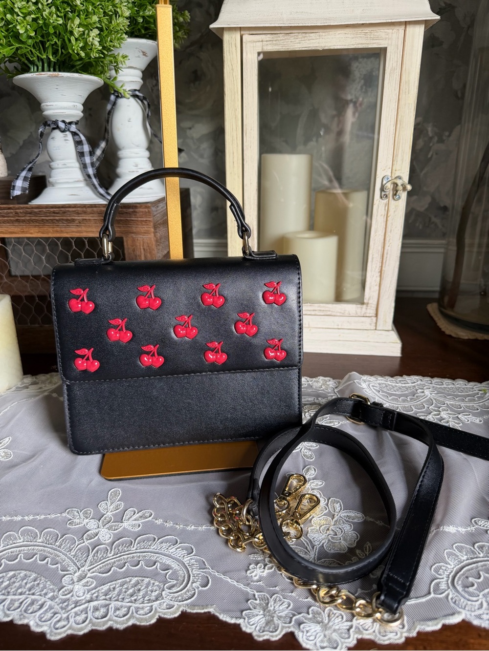 Betsy Johnson Black Cherry-Embellished Top Handle Bag Crossbody Purse